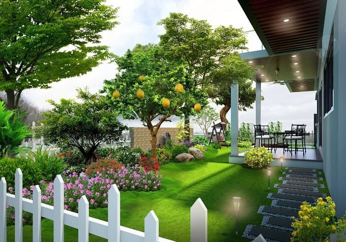 bố trí cây xanh trong sân vườn trước nhà đẹp