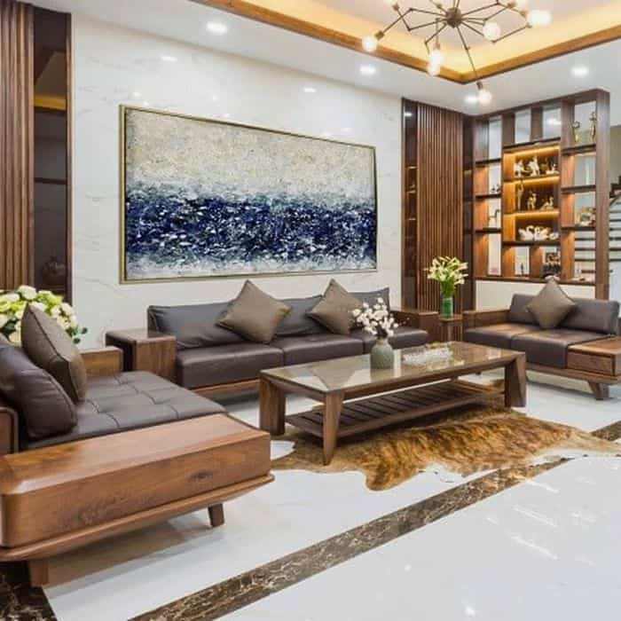 cách kê bàn ghế gỗ phòng khách nhà ống toàn bộ diện tích