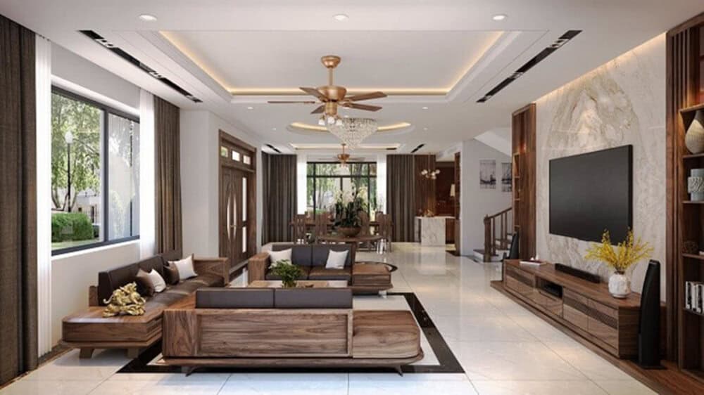 cách kê bàn ghế gỗ phòng khách nhà ống