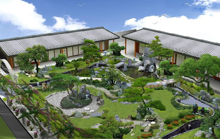 Sân vườn trước nhà đẹp phong cách phương Đông